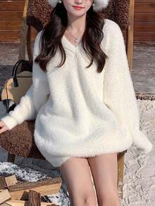 舒适蓬松柔软休闲超大连帽开衫、V 领针织毛衣，秋冬季新款 - 白色 - 查看 5