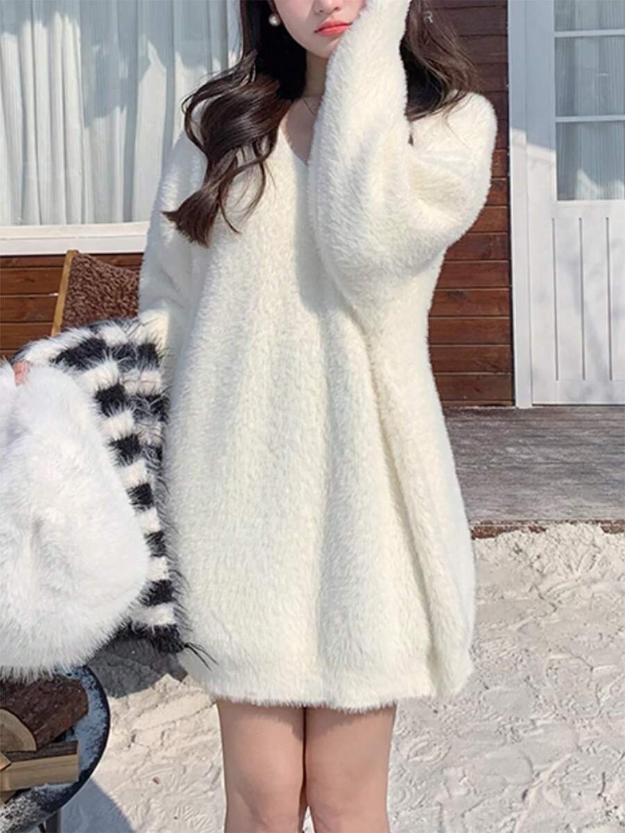 舒适蓬松柔软休闲超大连帽开衫、V 领针织毛衣，秋冬季新款 - 白色 - 查看 1