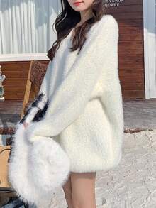 舒适蓬松柔软休闲超大连帽开衫、V 领针织毛衣，秋冬季新款 - 白色 - 查看 4