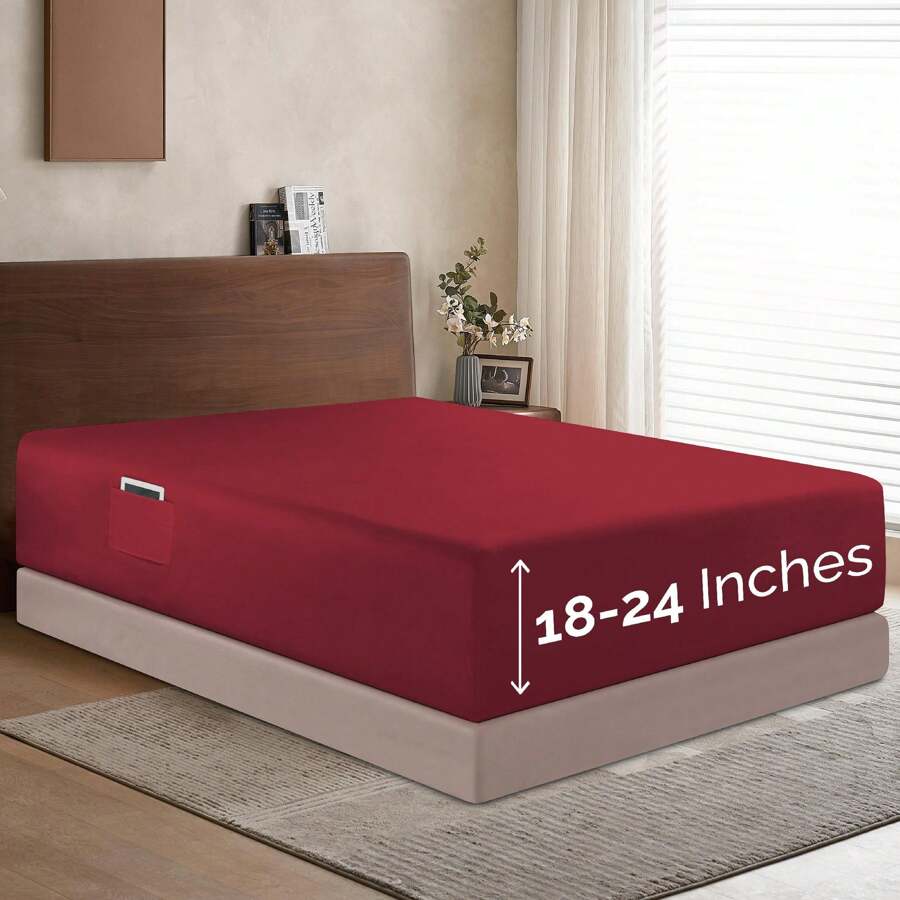 Elegant Comfort Luxury 1pc Extra Deep 18-24 Inch Deep Pocket Fitted Sheet - All Around Elastic Bedding Mattress Covers With Deep Pocket Up To 24 Inch And Double Sided Storage Pockets, Ultra Soft Machine Washable Luxury 1-Piece Bed Fitted Sheet - Fade And Wrinkle Resistant Premium Hotel Quality Twin/Full/Queen/King/Cal King Fitted Sheet, Christmas Decorations Gifts, Cozy Winter Styles, Moody Shades - 酒紅色 - 查看 1