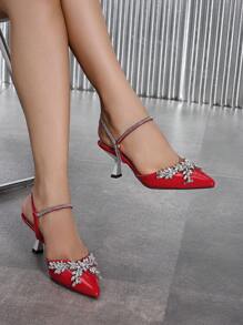 女士尖头亮片高跟鞋，带玻璃链装饰，性感优雅的红色，适合派对、夜生活和户外活动，春夏季 - 紅色 - 查看 1