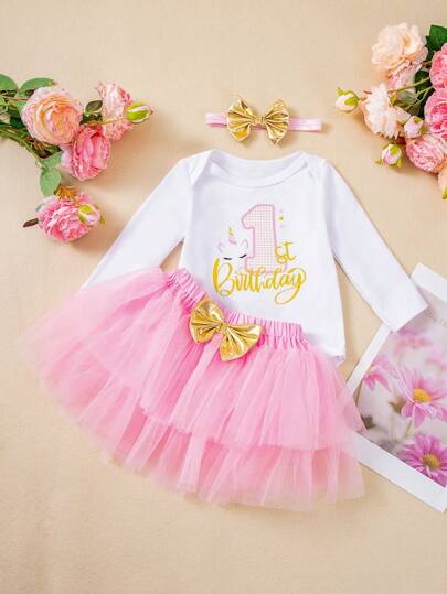 Baby Girl Holiday Outfit Set - Cute Cartoon Letter Print Long Sleeve Bodysuit, Mesh Skirt, And Hair Accessory, Fashionable Infant/Toddler Clothing For Celebration, Photography, Party