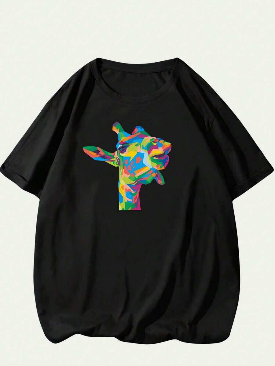 T-Shirt Loose, Versatile, Sophisticated, Modern, Breathable, Soft Printed Art Giraffe Colorful Men's Blouse Casual T-Shirt Fashion Premium Comfort Cotton - 黑色 - 查看 1