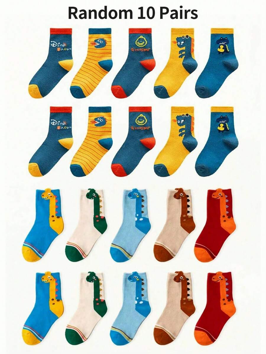 10pairs Kids Cartoon Dinosaur Print Crew Socks, Random Mixed Colors, Suitable For Everyday Wear, Unisex