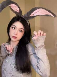 Băng đô tai thỏ dài bằng vải nhung cosplay mũ nón phụ kiện tóc lolita lo niang kc phụ kiện tai động vật - Màu xám đen - Xem 4