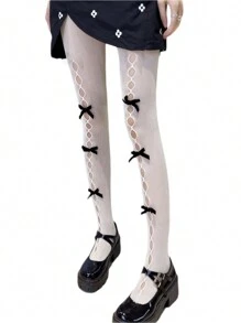 Women See-Through Pantyhose With Bow Knot Decors, Hollow Out Sheer Tights For Ladies - 白底黑色小蝴蝶結 - 查看 2