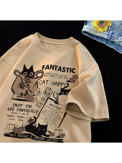 Imagem do produto Camiseta Básica Feminina Algodão Cat Fantastic Happy na loja Shein