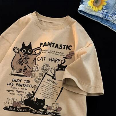 Camiseta Básica Feminina Algodão Cat Fantastic Happy