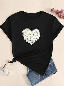 Flower Heart Print T-Shirt Women's Blouse Casual Fashion - 所以 - 查看 1