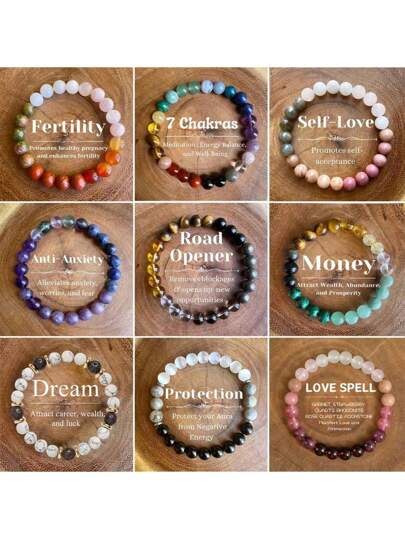 RIINHOO 1 件多功能个性化随机颜色金钱保护信心治愈睡眠天然石混合手链，男女皆宜，家庭手链，玛瑙珠手链，情侣礼物，浪漫串珠手链