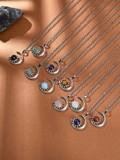 1pc Natural Crystal & Stone Crescent Moon Necklace For Women