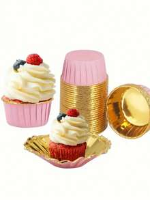 10/15/20pcs Pink/Brown Cupcake Liners With Lids, Baking Cups For Cupcakes, Sponge Cakes, Mousse Cakes, Heat-Resistant Aluminum Foil Baking Cups, Suitable For Weddings, Parties, Holidays, Cake & Desserts - Multicolor - View 3