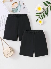 2 件/套女孩休闲纯色松紧腰短裤，百搭且适合日常穿着，夏季