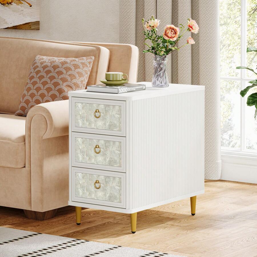 Tribesigns End Table With 3 Drawers, White Narrow Side Table For Living Room With 3D Printed Shell Finish, Modern Slim Nightstand And Bedside Table With Storage For Bedroom (1) - 白色 - 查看 1