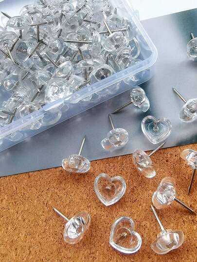 miwoo 50/100pcs Heart Shaped Push Pins, Clear Plastic Decorative Thumbtacks For Posters, Office, Photos, Maps, Schools, Classrooms Back To School,Back To School,School Supplies