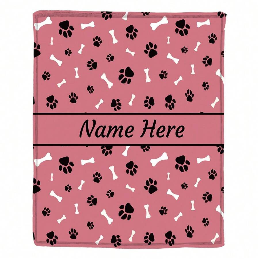 1pc Personalized Your Name Blanket, Dog Paw Print Pattern Flannel