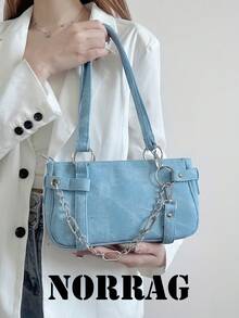 2024 新款时尚别致女孩 Y2K 牛仔纹理机车包链条单肩腋下手提包 - 藍色 - 查看 3