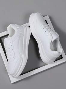 36-45 厚底情侣休闲运动鞋，女士舒适平底鞋，男士系带软底运动鞋，轻便低帮日常鞋 - 白色 - 查看 4