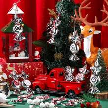 6pcs Silver Plated Candy Ornaments, 10cm/3.94inch Length, Candy Hanging Decorations, Christmas Candy Ornaments, Christmas Party Decor, Silver Candy Home Decor Pendants, Suitable For Christmas & New Year Wreaths & Gifts