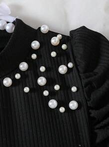 3 件套年轻女孩时尚休闲荷叶边袖串珠上衣 + 格子裙 + 配套贝雷帽