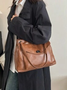 复古风格大容量女士时尚手提包，别致链条手提包，斜挎邮差包，适合办公室、购物、旅行、商务、秋冬季 - 棕色 - 查看 2