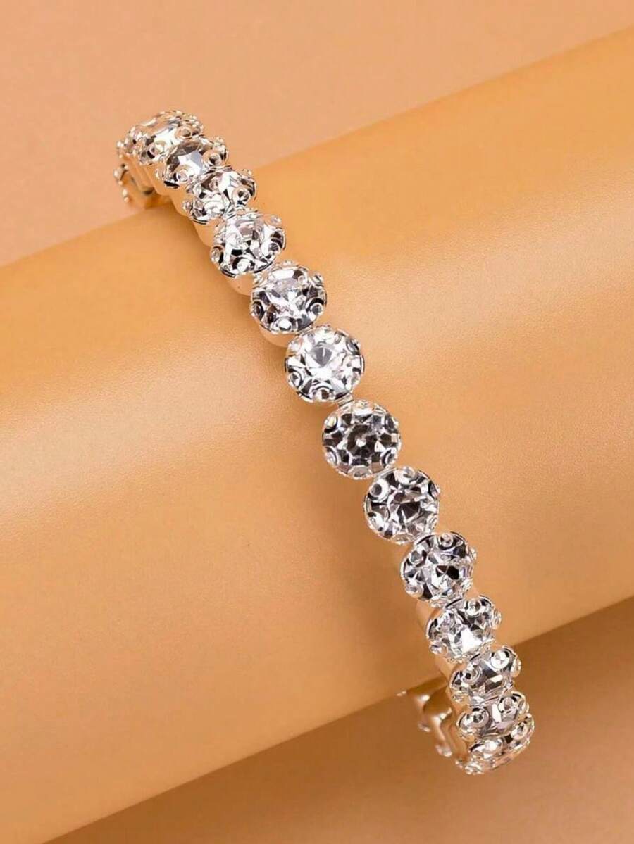 1 chiếc vòng tay đính đá thời trang cho cô dâu, trang sức lấp lánh lãng mạn cho đám cưới, phụ kiện cầm tay tối giản - Bạc - Xem 1