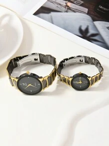 2 piezas Relojes de pareja de acero negro con estilo de negocios clásico de moda - Negro - Ver 7