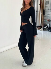 Women Y2k 2 Piece Outfits Straight Leg Pants Set Long Sleeve Crop Tops Y2k Casual Deep V Neck Cross Wrap Slim Fit T-Shirts With Elastic Waist Wide Leg Pants Tracksuit Lounge Yoga Sets Sports Going Out Outfit Streetwear - màu đen - Xem 2