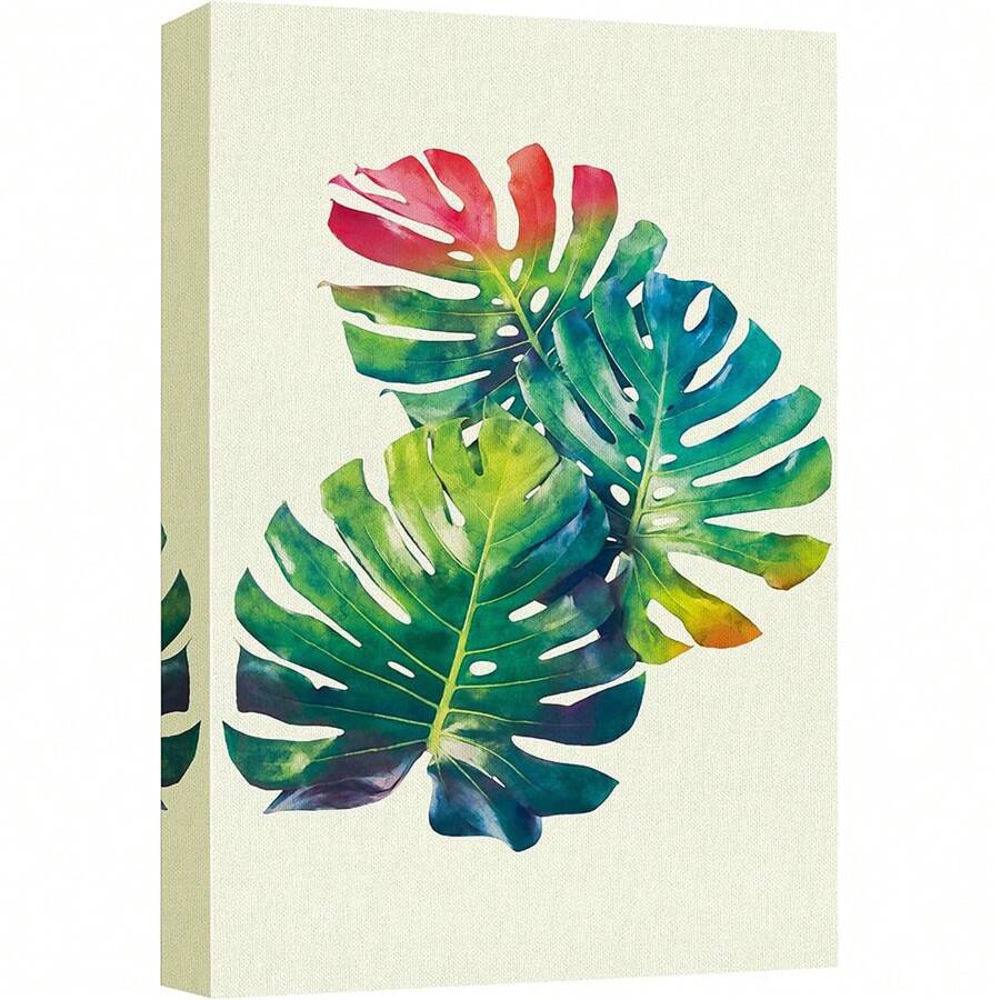 1PC With Frame Canvas Print Wall Art Rainbow Monstera Swiss Cheese Leaf Nature Plant Watercolor Modern Art Country Zen Colorful Multicolor Pastel Suitable For Living Room, Bedroom, Office, Apartment, Hotel, Coffee Shop, Dressing Room Wall Decoration - Multicolor - View 1