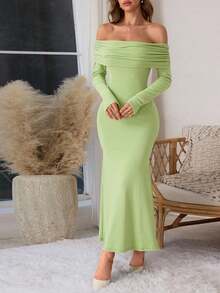 WOWDARK Women Fall One Shoulder Ruched Long Sleeve Fishtail Party Dress - Green - View 3