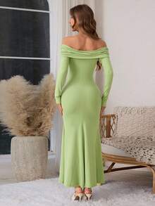 WOWDARK Women Fall One Shoulder Ruched Long Sleeve Fishtail Party Dress - Green - View 4