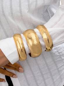 3 件夸张复古金属锤纹圆形混合风格朋克手镯套装，厚重珠宝，简约时尚女士 - 手鐲 - 查看 7