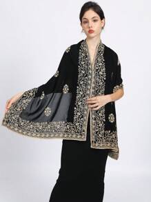 1buc eșarfă neagră brodată cu margine din dantelă elegantă, simplă și grațioasă, învelitoare cu guler șal, eșarfă versatilă potrivită pentru cadou de sărbători, batic de lux