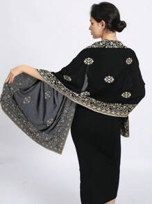 1buc eșarfă neagră brodată cu margine din dantelă elegantă, simplă și grațioasă, învelitoare cu guler șal, eșarfă versatilă potrivită pentru cadou de sărbători, batic de lux