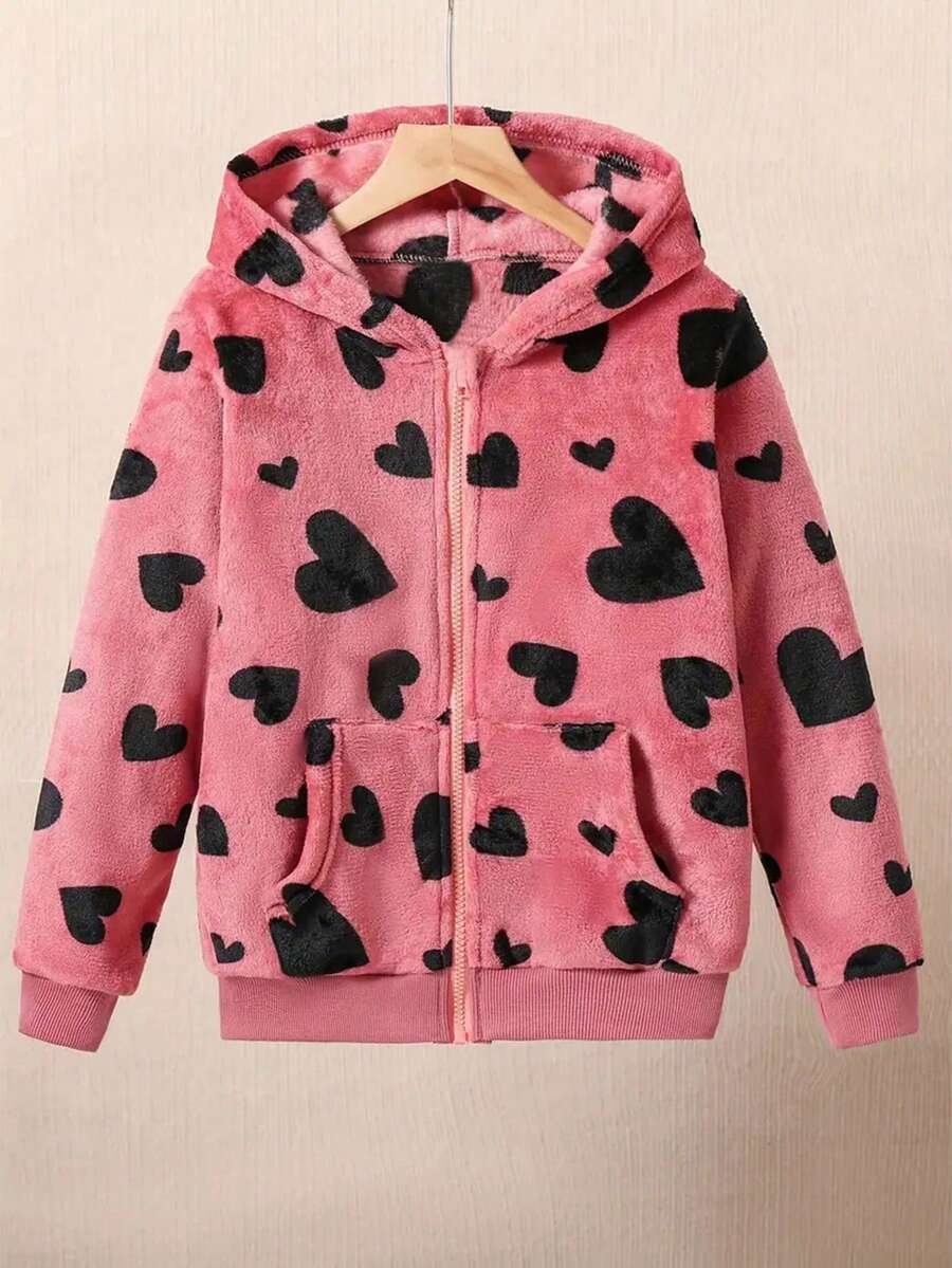 Chic Girls' Heart Print Zip-Up Hooded Fleece Jacket With Slant Pockets - Cozy & Stylish For Fall/Winter - Pink - View 1