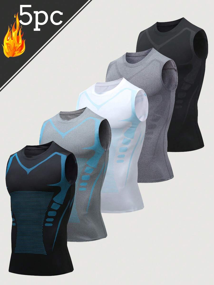 5-Pack Men's Sports Compression Tank Tops: Printed, Slim-Fit, Sleeveless Workout Shirts For Moisture-Wicking And Sweat-Wicking Bodybuilding Training