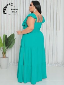 Plus Size Long Dress With Ruffle On The Shoulder - Baby Blue - View 2