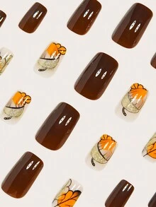 立即升级您的外观，24 件中型方形指甲复古金色闪光坚果黑线橙叶棕色假指甲全覆盖假指甲适合女性和女孩，附带 1 块果冻凝胶和 1 条锉刀果冻胶随机发货 - 彩色 - 查看 4