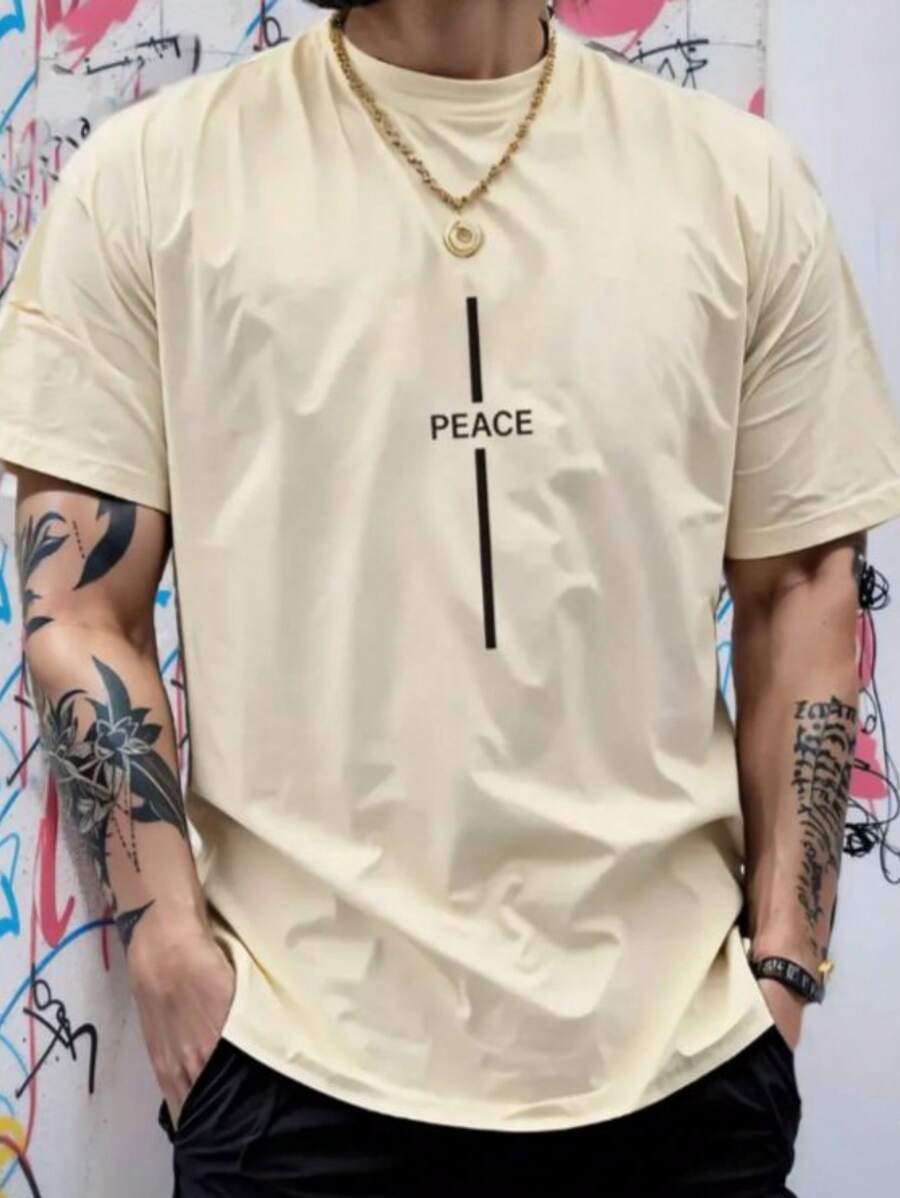 Men's 100% Cotton Peace T-Shirt Premium Shirt Basic Casual Blouse New Release - Beige - View 1
