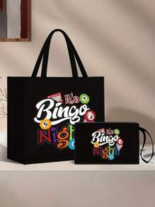 Bingo Night Women's Tote Bag And Wallet Set, Fabric Structure, Hand Washable, Unclosed, Lined, Casual Shoulder Back, Vacation Style Letter Design Tote Bags