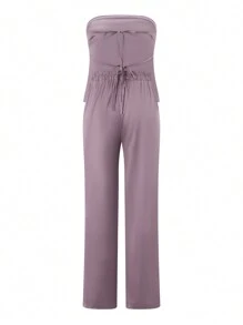 Women 2 Piece Outfits Sets Bandage Backless Bandeau Tops Elastic Wide Leg Pants Sets Streetwear Aesthetic Clothes - Purple - View 9