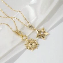 1 件时尚迷人的铜镶嵌锆石 18K 镀金星星和太阳吊坠项链，适合女性日常佩戴、珠宝配饰、赠送朋友的礼物 - 金黃色 - 查看 7