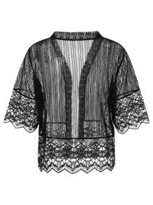 Womens Open Front Shrug, Short Sleeve Solid Color Lace Patchwork Sheer Bolero Cover Up - Black - View 6
