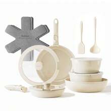 [Oferta de Halloween] Redchef Juego de 16 piezas de ollas y sartenes cerámicas antiadherentes, conjunto de utensilios de cocina con mango desmontable, sin tóxicos, sin PFAS PFOA y PTFE, seguro para horno, apilable - Por defecto - Ver 10