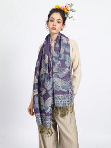 1 件蝴蝶提花围巾，双面可翻转色块波西米亚风时尚围巾和披肩，高端女士礼物 - 紫色 - 查看 5