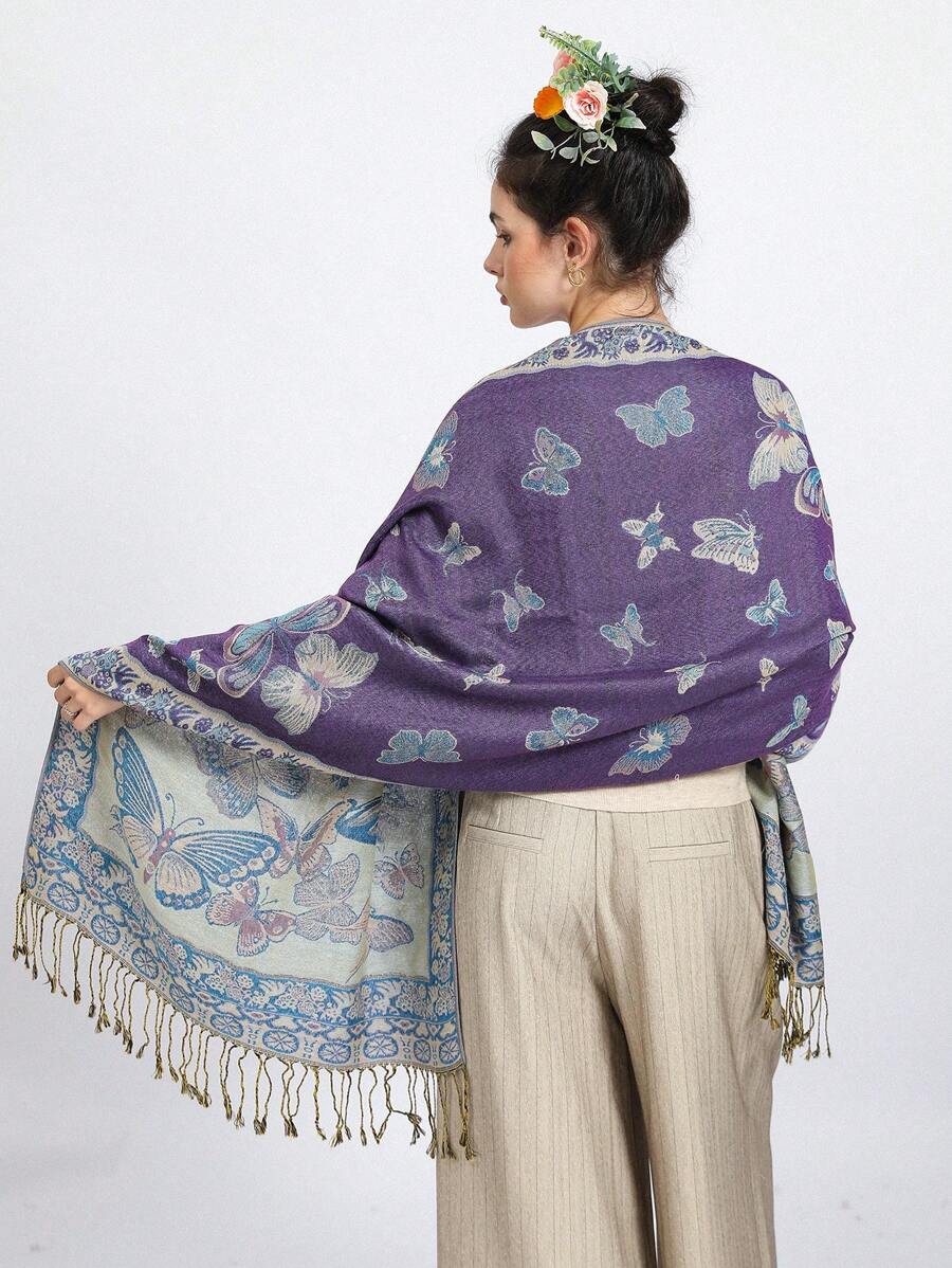 1 件蝴蝶提花围巾，双面可翻转色块波西米亚风时尚围巾和披肩，高端女士礼物 - 紫色 - 查看 1