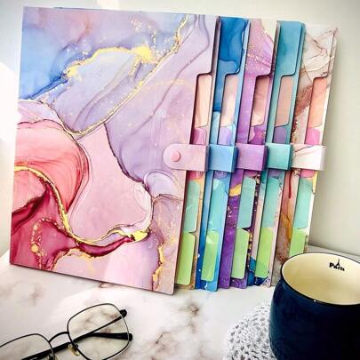 Stylish Funky File Organizer With 5 Pockets And 16 Labels, Natural Marble Expanding File Folder, Make Your Study, Life And Work Be Different - 8 Patterns Optional Back To School,Back To School,School Supplies