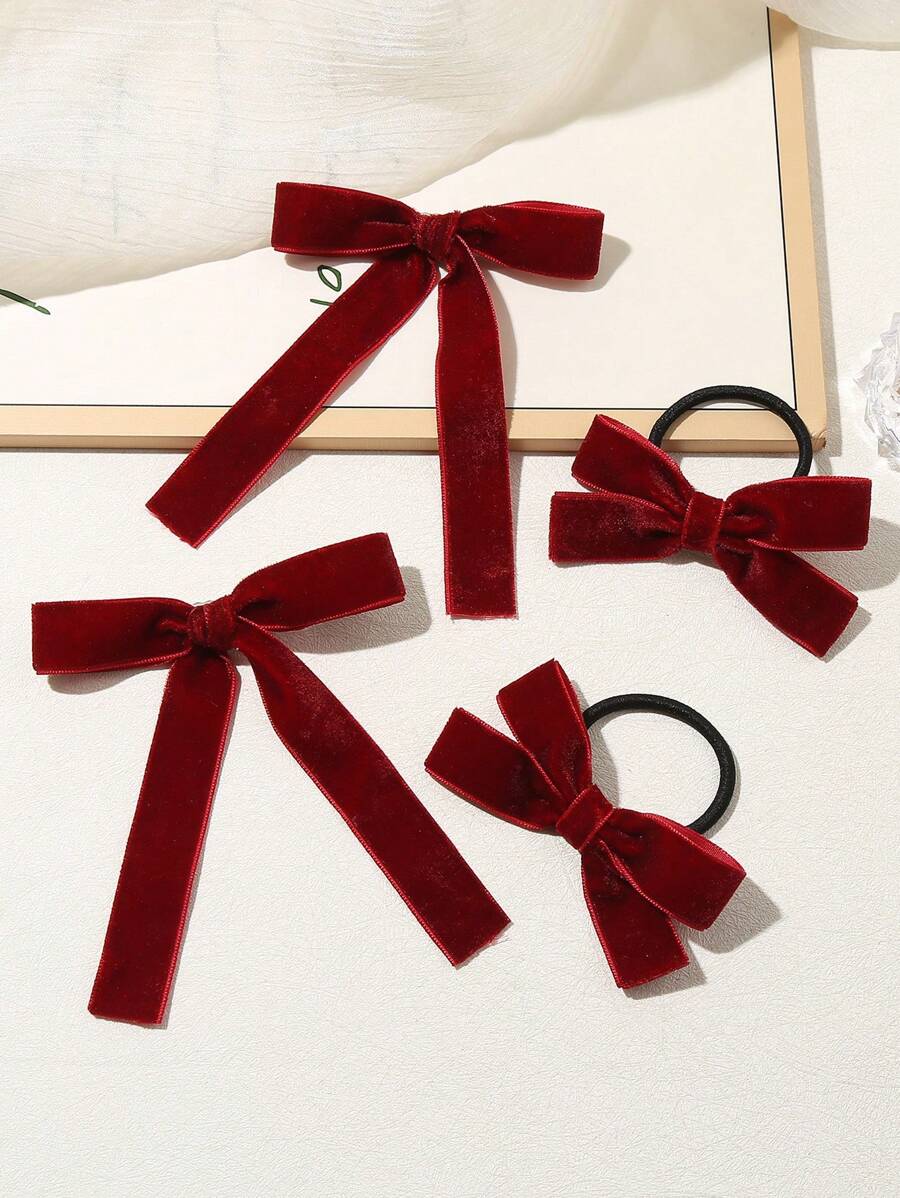 4PCS Burgundy Flocked Cute Children's Bow Hair Clips + Hair Ties, Solid Color Minimalist Casual Hair Accessories Set For Daily Decoration - Burgundy - View 1