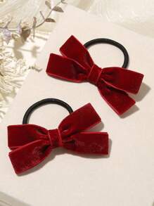 4PCS Burgundy Flocked Cute Children's Bow Hair Clips + Hair Ties, Solid Color Minimalist Casual Hair Accessories Set For Daily Decoration - Burgundy - View 3