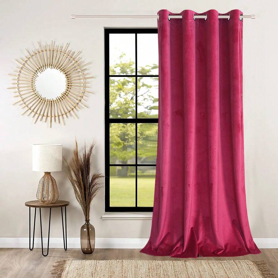 银色金属孔眼天鹅绒窗帘，遮光 1 件，光滑天鹅绒和柔软材料，是卧室、餐厅、厨房、客厅、办公室、酒店、现代室内设计、极简主义魅力风格、波西米亚风、四季通用的理想窗户装饰。改变您的室内装饰！ - 玫紅色 - 查看 1